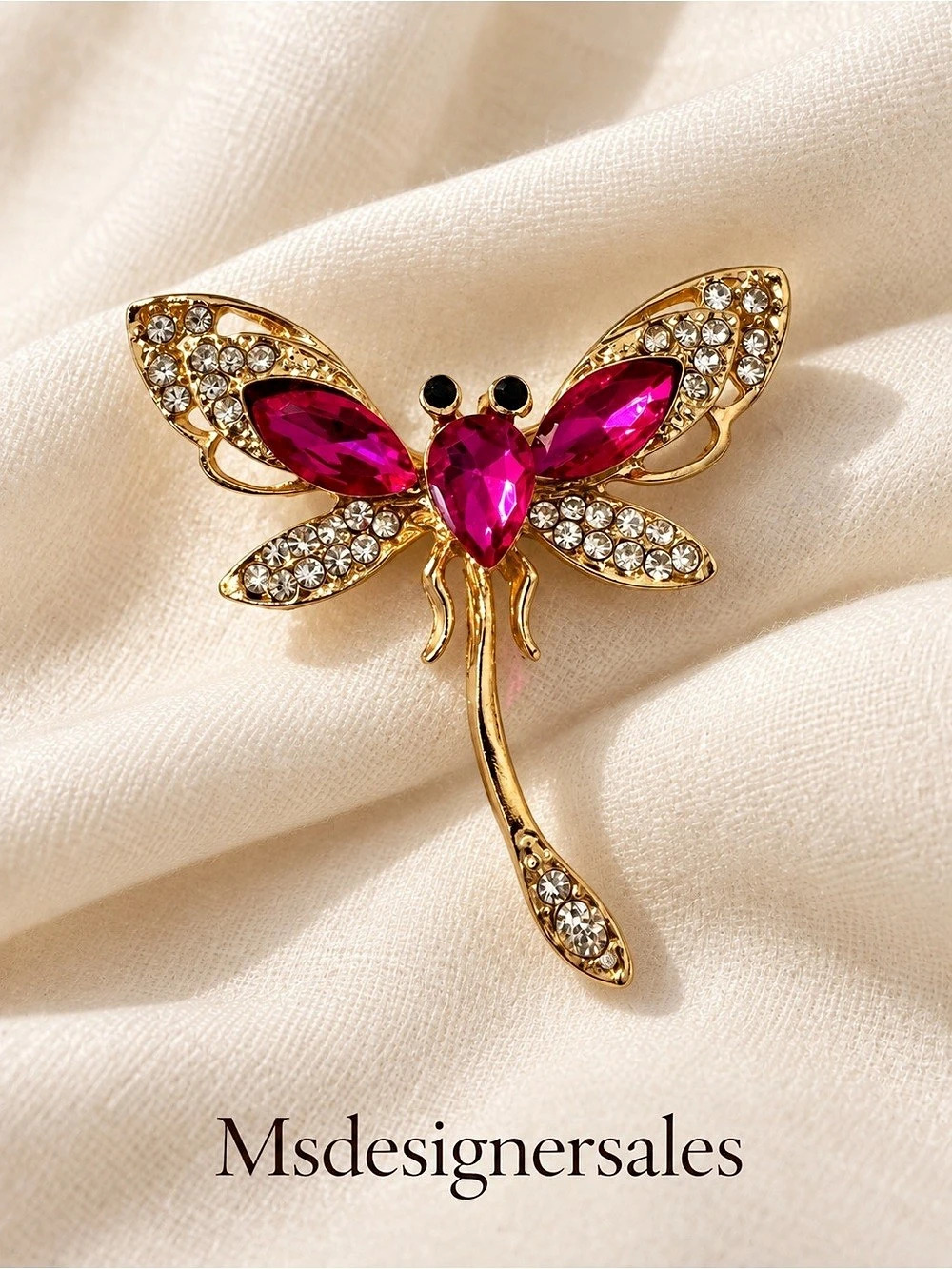Jeweled Dragonfly Brooch in Gold & Pink Like New 232